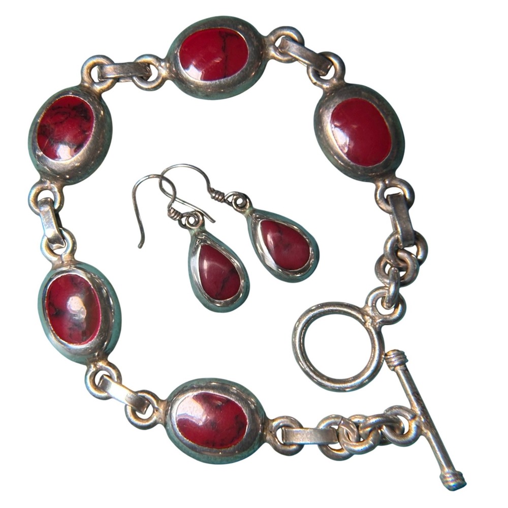 Taxco Mexico 925 Sterling Silver Red Stone Bracelet and Earrings Jewelry Set